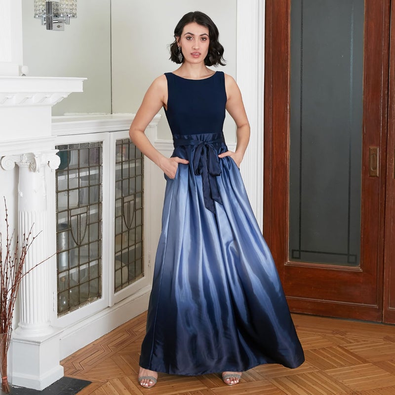 S.L. Fashions Women's Long Satin Mother of The Bride Dress with Pockets, Formal Party Gown, Navy/Wedgewood, 12P - Image 2